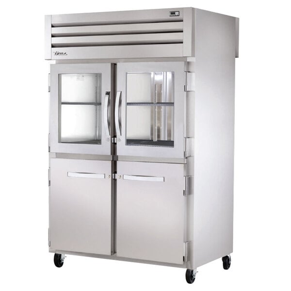 True Manufacturing STA2RPT-2HG/2HS-2G-HC Spec Series 52 5/8" Glass and Solid Front Half Door / Glass Back Full Door Pass-Through Refrigerator with Chrome-Plated Shelves