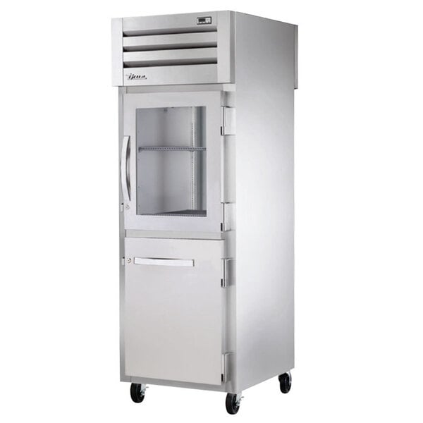 True Manufacturing STR1RPT-1HG/1HS-1S-HC Spec Series 27 1/2" Stainless Steel Half Glass Front / Half Door Back Pass-Through Refrigerator
