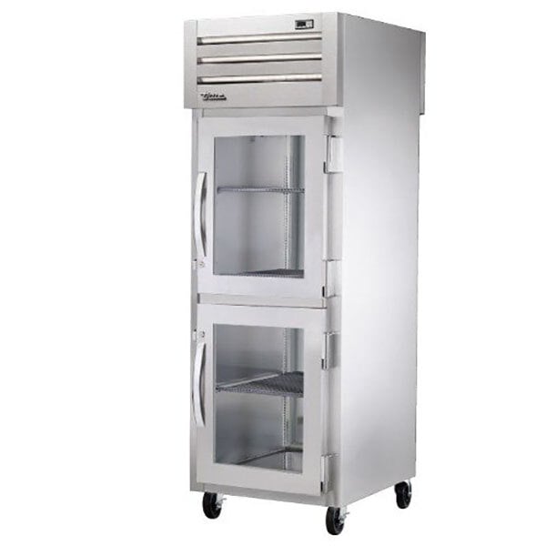 True Manufacturing STR1RPT-2HG-1S-HC Spec Series 27 1/2" Glass Front Half Door / Solid Back Full Door Stainless Steel Pass-Through Refrigerator