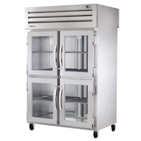 True Manufacturing STR2RPT-4HG-2S-HC Spec Series 52 5/8" Stainless Steel Half Glass Front, Solid Back Door Pass-Through Refrigerator