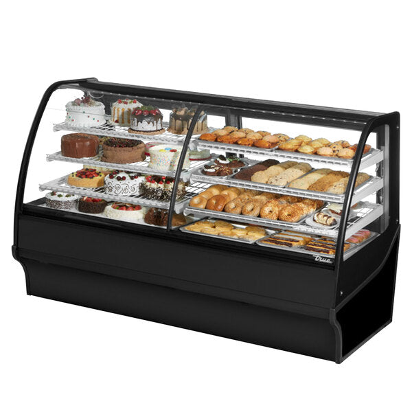 True Manufacturing TDM-DZ-77-GE/GE-B-W 77 1/4" Curved Glass Black Dual Zone Refrigerated Bakery Display Case