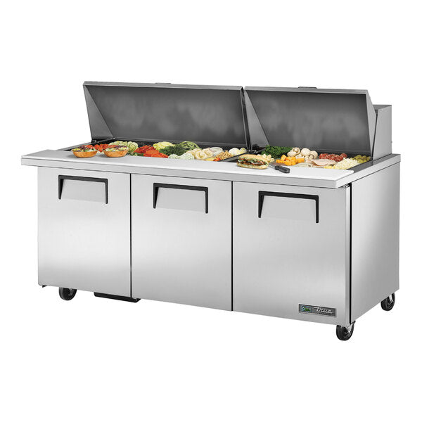 True Manufacturing TSSU-72-30M-B-ST-HC 72 3/8" Mega Top ADA Height Refrigerated Sandwich Prep Table with Three Doors