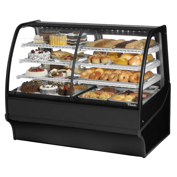 True Manufacturing TDM-DZ-59-GE/GE-B-W 59 1/4" Curved Glass Black Dual Zone Refrigerated Bakery Display Case
