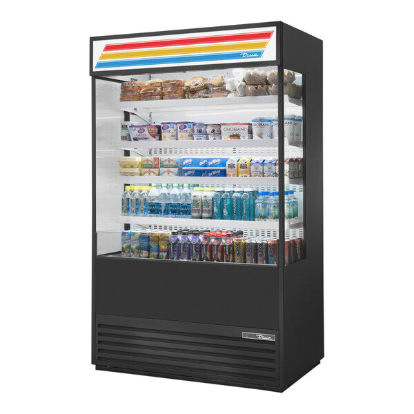 True Manufacturing TOAM-48GS-HC~TSL01 48" Refrigerated Air Curtain Merchandiser with Glass Sides and Sign Panel