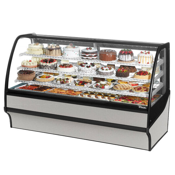 True Manufacturing TDM-R-77-GE/GE-S-S 77 1/4" Curved Glass Stainless Steel Refrigerated Bakery Display Case with Stainless Steel Interior