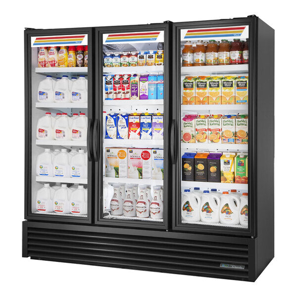 True Manufacturing FLM-81~TSL01 80 3/4" Black Refrigerated Glass Door Merchandiser with LED Lighting and Full Length Doors