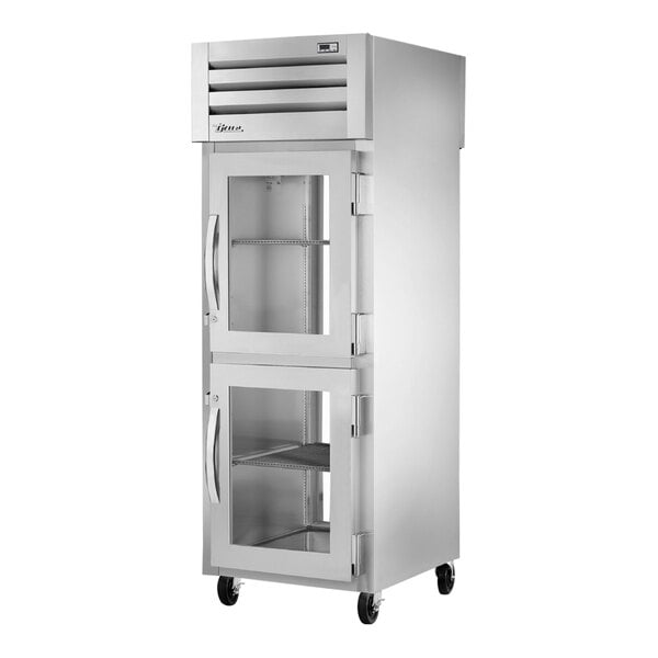 True Manufacturing STR1RPT-2HG-1G-HC Spec Series 27 1/2" Glass Front Half Door / Glass Back Full Door Stainless Steel Pass-Through Refrigerator
