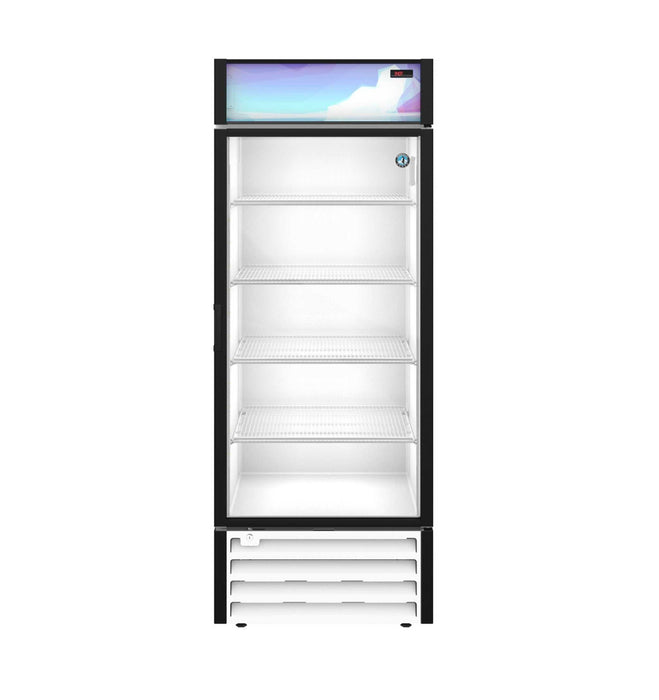 Hoshizaki RM-26-HC-WHT refrigerator with single section glass door merchandiser, featuring energy-efficient LED lighting and adjustable white epoxy shelves.