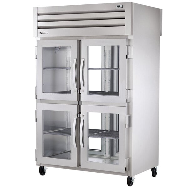 True Manufacturing STG2RPT-4HG-2G-HC Spec Series 52 5/8" Glass Front Half Door / Glass Back Full Door Pass-Through Refrigerator with PVC-Coated Shelves