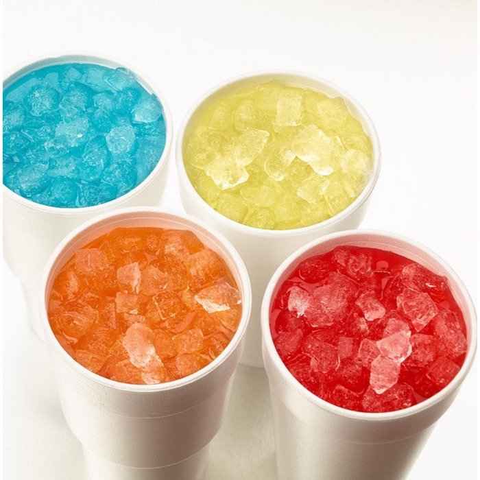 Four cups filled with different colors of ice nuggets made by a Hoshizaki FS-1501MLJ-C cubelet icemaker.