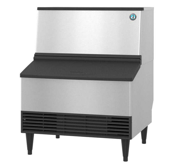 Hoshizaki KM-301BWJ Crescent Cuber Icemaker, Water-cooled with Built-in Storage Bin in stainless steel.
