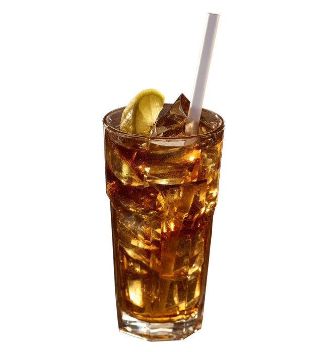 Glass of iced tea with lemon wedge and straw.