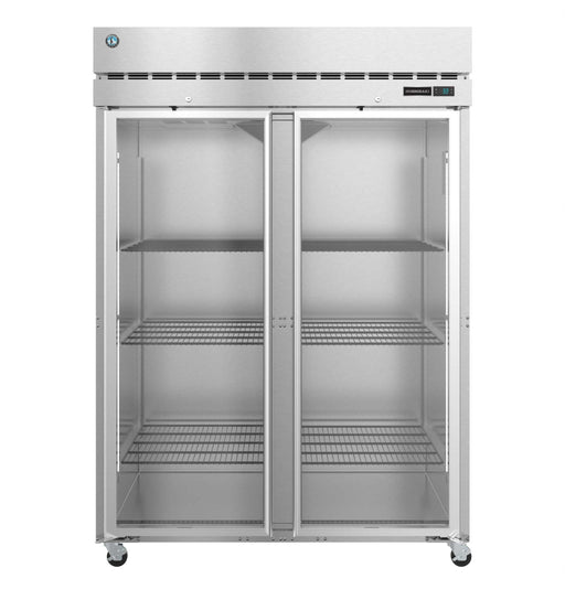 Two-section upright refrigerator with full glass doors from Hoshizaki R2A-FG series.