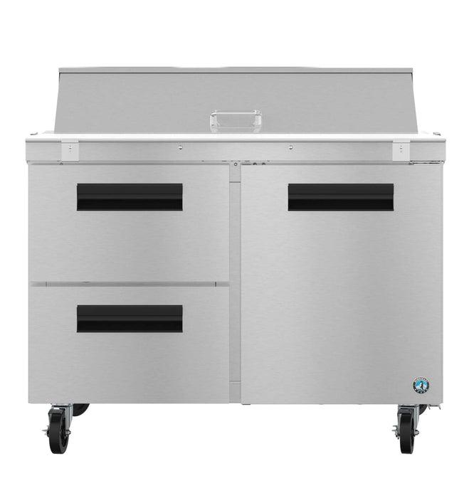 Hoshizaki SR48B-12D2 two-section sandwich prep table with drawer/door combo, stainless steel refrigerator.