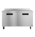 Two-section stainless steel worktop refrigerator with durable stainless doors and casters.